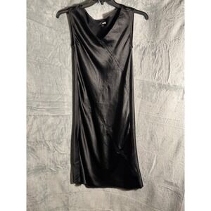 ATM Collection Black Satin Slip shift dress v neck neckline Midi Dress XS TP